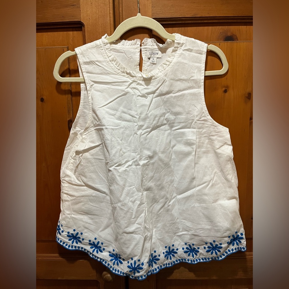 J. Crew Factory White Sleeveless Blouse with Navy Embroidery